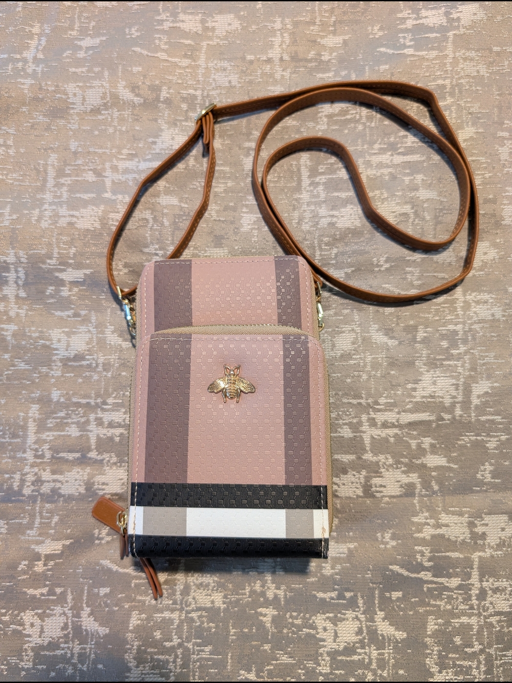 Striped Mauve and Taupe Crossbody Phone Bag with Gold Bee Accent